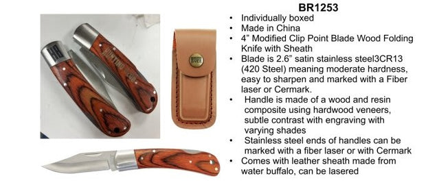 4" Wood Folding Knife with Leather Sheath