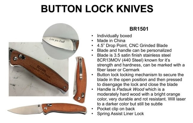 4 1/2" Wood Button Lock Folding Knife