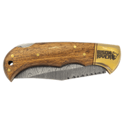 3 3/4" Wood Folding Knife with Damascus Steel Blade and Leather Sheath