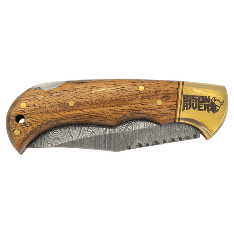 3 3/4" Wood Folding Knife with Damascus Steel Blade and Leather Sheath