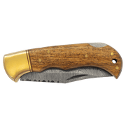 3 3/4" Wood Folding Knife with Damascus Steel Blade and Leather Sheath