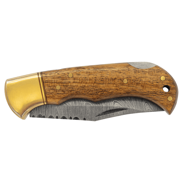 3 3/4" Wood Folding Knife with Damascus Steel Blade and Leather Sheath