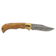 3 3/4" Wood Folding Knife with Damascus Steel Blade and Leather Sheath