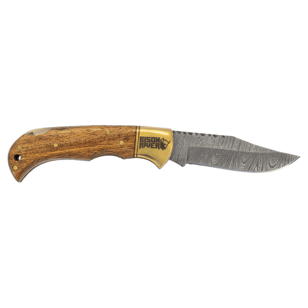 3 3/4" Wood Folding Knife with Damascus Steel Blade and Leather Sheath