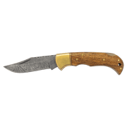 3 3/4" Wood Folding Knife with Damascus Steel Blade and Leather Sheath