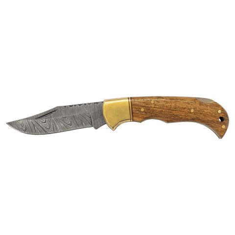 3 3/4" Wood Folding Knife with Damascus Steel Blade and Leather Sheath