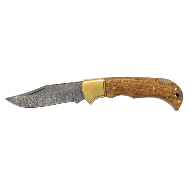 3 3/4" Wood Folding Knife with Damascus Steel Blade and Leather Sheath