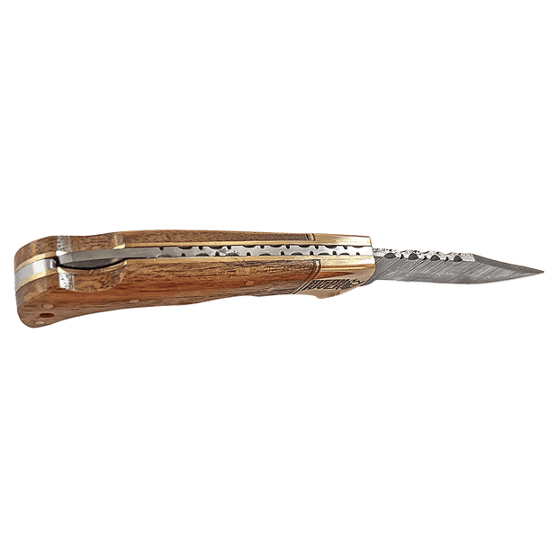 3 3/4" Wood Folding Knife with Damascus Steel Blade and Leather Sheath