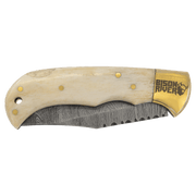 3 3/4" Bone Folding Knife with Damascus Steel Blade and Leather Sheath