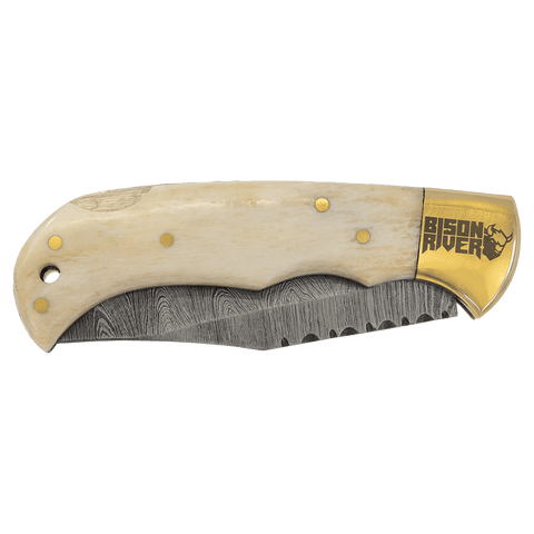 3 3/4" Bone Folding Knife with Damascus Steel Blade and Leather Sheath