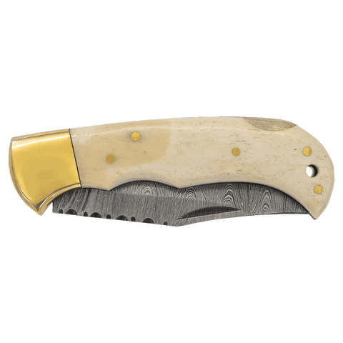 3 3/4" Bone Folding Knife with Damascus Steel Blade and Leather Sheath