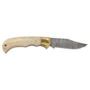 3 3/4" Bone Folding Knife with Damascus Steel Blade and Leather Sheath