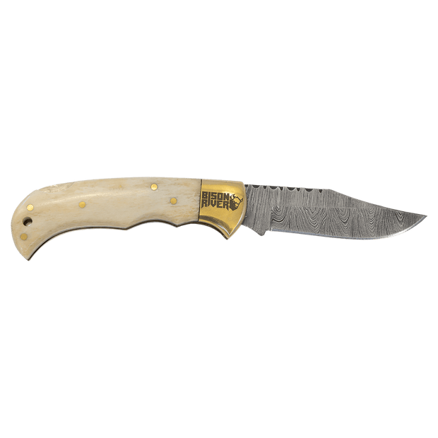 3 3/4" Bone Folding Knife with Damascus Steel Blade and Leather Sheath