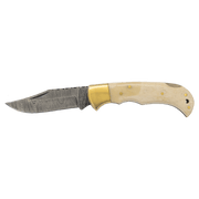 3 3/4" Bone Folding Knife with Damascus Steel Blade and Leather Sheath