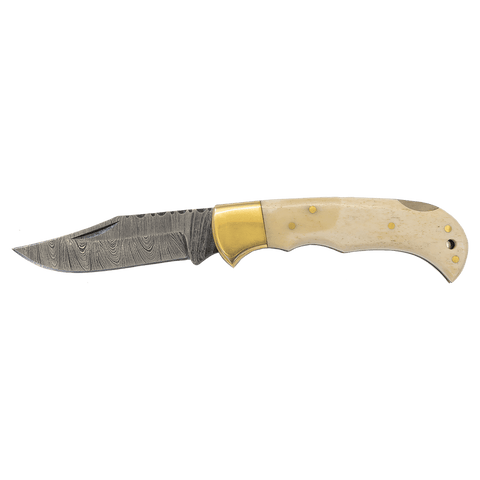 3 3/4" Bone Folding Knife with Damascus Steel Blade and Leather Sheath