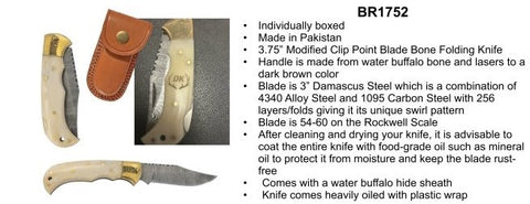 3 3/4" Bone Folding Knife with Damascus Steel Blade and Leather Sheath