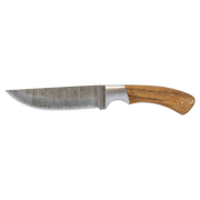 9 1/2" Fixed Blade Wood Knife with Damascus Steel Blade and Leather Sheath