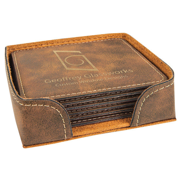 Square Leatherette 6-Coaster Set, Engraved