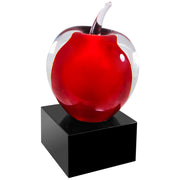 5 3/4" RED AND CLEAR GLASS APPLE AWARD WITH BLACK BASE