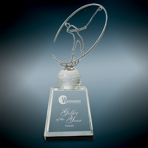 Clear/Black Crystal Golf Award with Silver Metal Oval Figure