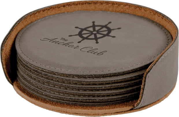 Round Leatherette 6-Coaster Set, Engraved