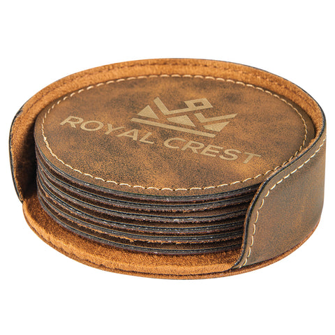 Round Leatherette 6-Coaster Set, Engraved