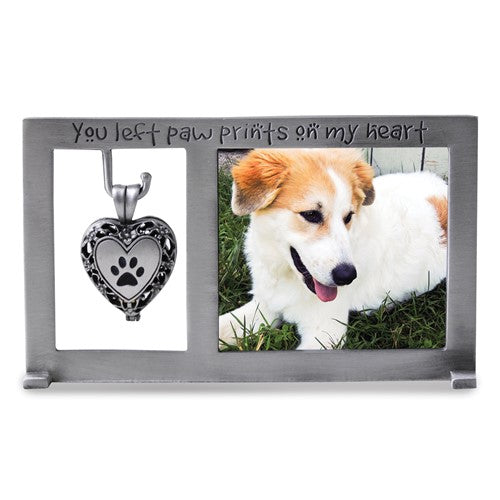 Pet Memorial Ash Holder Pawprint Heart Locket Dangle 3x5 Photo Silver-tone Frame