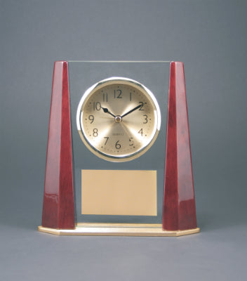 7" GLASS DESK CLOCK WITH ROSEWOOD FINISH BEVEL COLUMNS