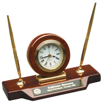 ROSEWOOD PIANO FINISH/GOLD DESK CLOCK ON BASE WITH 2 PENS