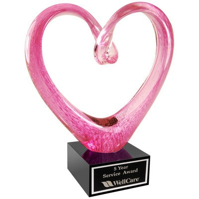 9" PINK GLASS HEART AWARD WITH BLACK BASE