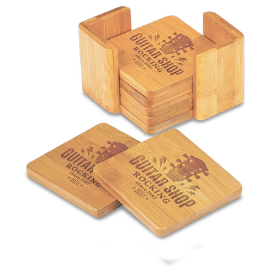 Coaster Set with Holder | Bamboo Square Coaster | Laser Etched