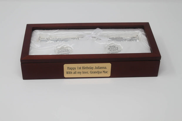 Silver-Plated Birth Certificate Holder And Memory Box Set - Personalized with engraved name and Brass Plate