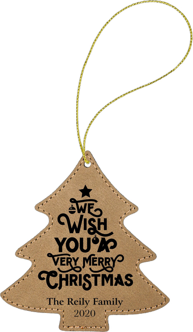 Family Personalized Christmas Ornament - Laser Engraved Faux Leather - Tree Shaped Ornament with Gold String
