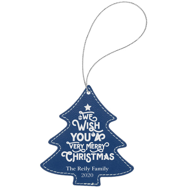 Family Personalized Christmas Ornament - Laser Engraved Faux Leather - Tree Shaped Ornament with Gold String