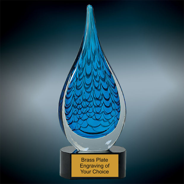 Blue Raindrop Stunning Art Glass Award - Includes Engraved Plate - Personalized - Trophy - Handmade Blown Glass