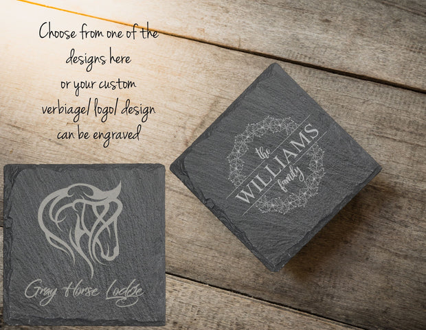 Set of 4 Personalized Engraved Slate Coasters- Gift for Housewarming, Weddings, Couples, Anniversaries - Square or Round - Charcoal Gray