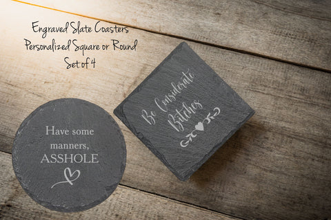 Set of 4 Funny Adult Engraved Slate Coasters - Gift for Housewarming, Weddings, Couples, Anniversaries - Square or Round - Charcoal Gray
