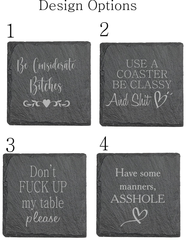 Set of 4 Funny Adult Engraved Slate Coasters - Gift for Housewarming, Weddings, Couples, Anniversaries - Square or Round - Charcoal Gray