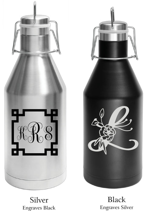 Insulated Growler, 64oz Laser Engraved, Black or Stainless Steel, Engraved