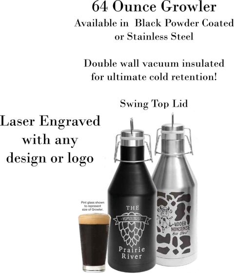 Insulated Growler, 64oz Laser Engraved, Black or Stainless Steel, Engraved