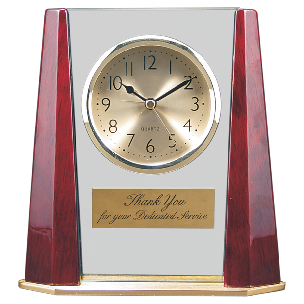 7" GLASS DESK CLOCK WITH ROSEWOOD FINISH BEVEL COLUMNS